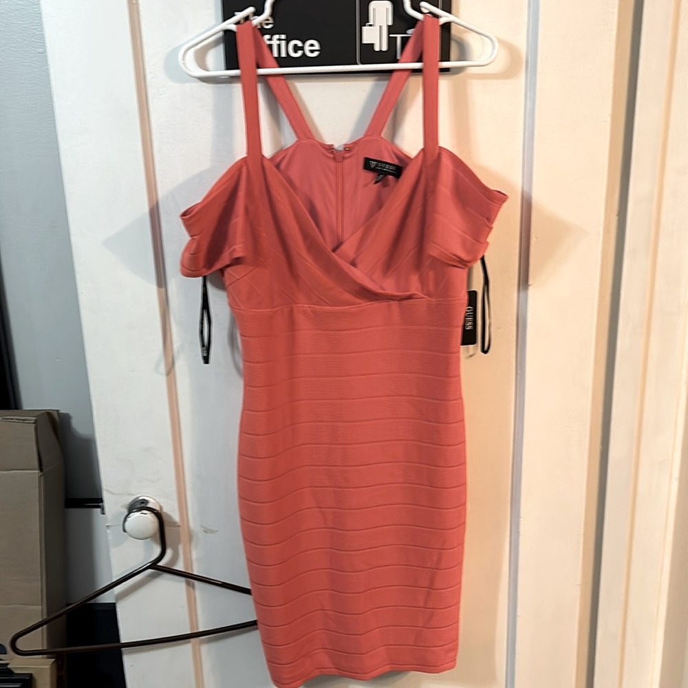 Guess coral off shoulder bandage dress